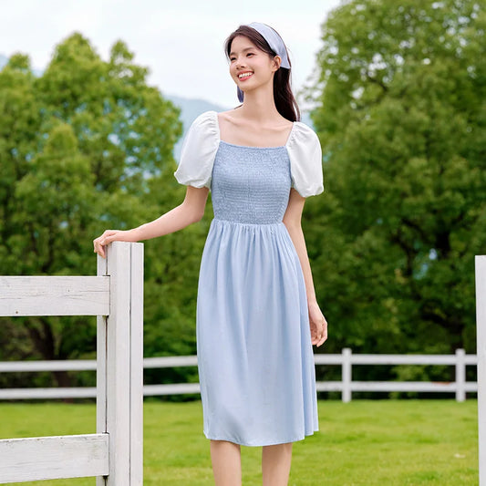 Dress Women Color-Blocking Puff Sleeves Sweet and Elegant Temperament Autumn Hepburn Style Tight Retro Skirt