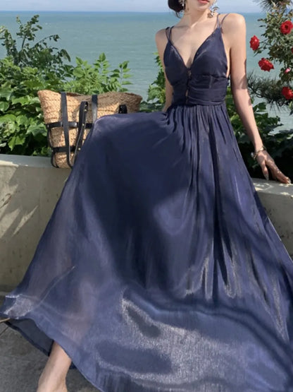 Summer New Spaghetti Strap Long Dresses for Women V-neck A-line Evening Party Dress Backless Prom Robe One Piece Vestido Mujer