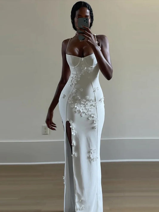 Sexy 3D Flowers Sling Tube Dresses Women Vintage Solid Slim Fit Sleeveless Slit Long Dress Female Spring Chic Evening Vestidos