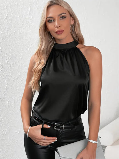 Blusas de verano para mujer, camisas casuales para dama, sin mangas, cuello halter, blusas de color sólido, blusas