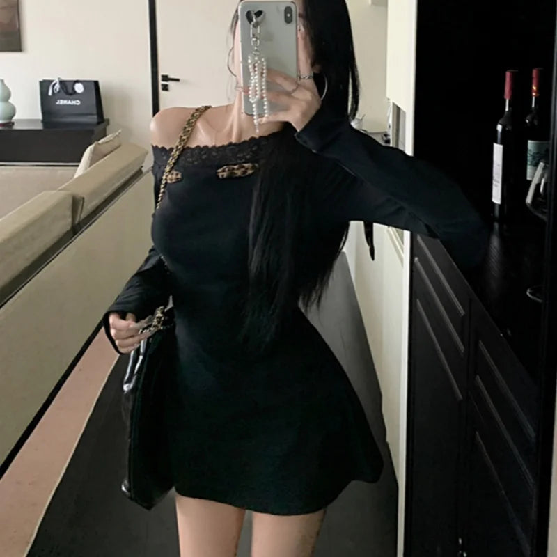 Vestido sexy para mujer Y2K, ropa con estampado de leopardo, ribete de encaje, hombros descubiertos, manga larga, corte A, minivestido de fiesta, ropa de club.