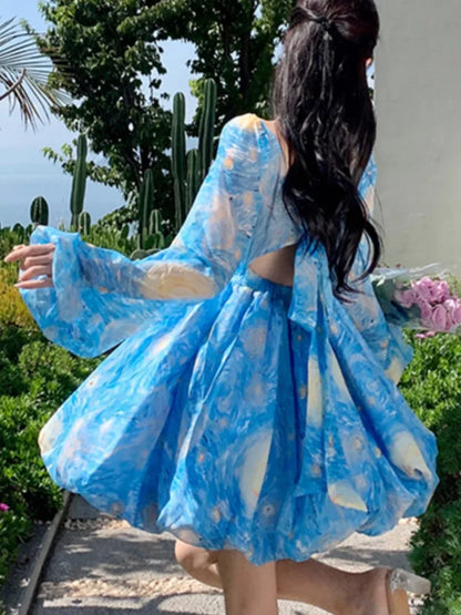 Elegante vestido corto estampado para mujer, sin espalda, estilo playero, con mangas abullonadas, corte A, floral, minivestido de una pieza para mujer