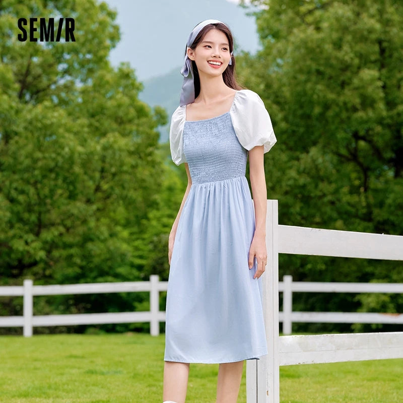 Dress Women Color-Blocking Puff Sleeves Sweet and Elegant Temperament Autumn Hepburn Style Tight Retro Skirt