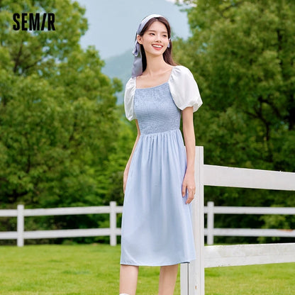 Dress Women Color-Blocking Puff Sleeves Sweet and Elegant Temperament Autumn Hepburn Style Tight Retro Skirt