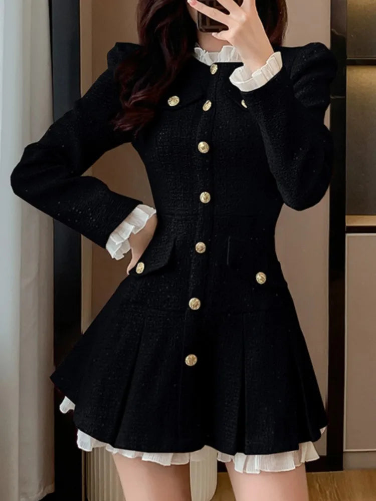 Vestido corto a cuadros de tweed para mujer, moda Otoño Invierno, nuevo, plisado, con una sola botonadura, elegante y chic.