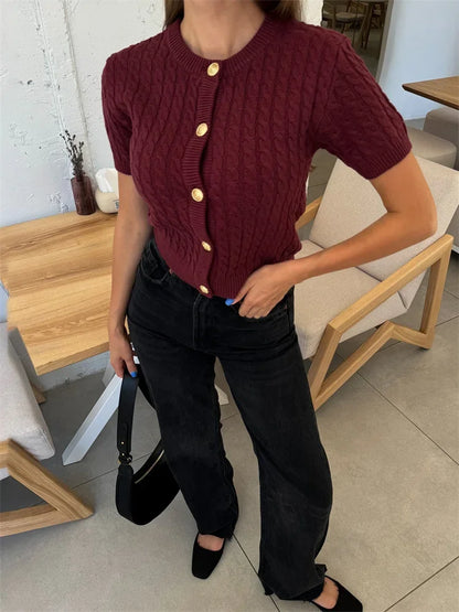 Cárdigan de punto acanalado con retazos para mujer, manga corta, moda, ajustado, giro liso, suéter de otoño para ir al trabajo, prenda de punto, top corto