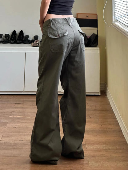 Sweetown - Vaqueros rectos de tiro bajo verdes retro para mujer, estilo urbano Y2K, con bolsillos, estilo cargo informal