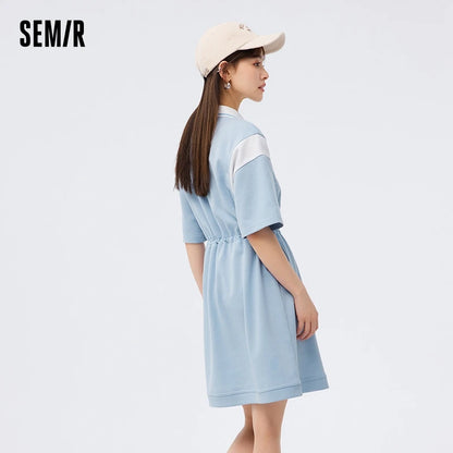 Dress Women’s Letter Contrast Loose Short Dress  Summer New Retro Waist Polo Dress
