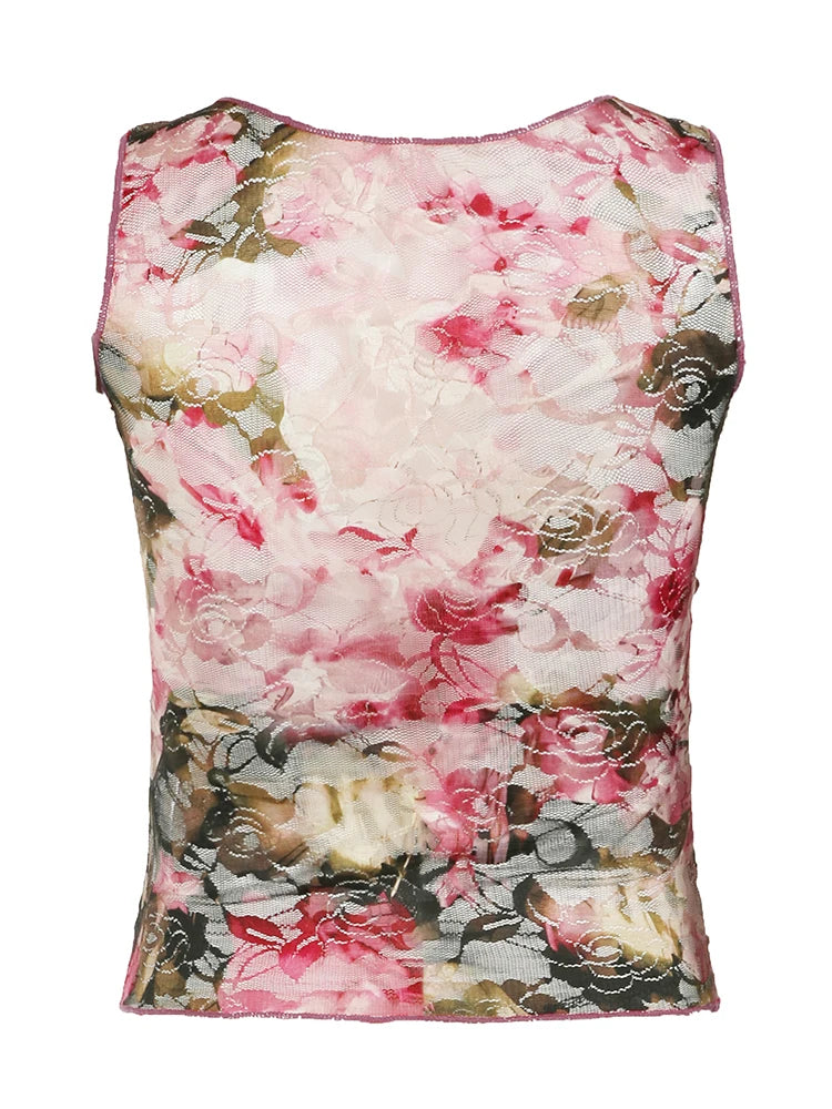 Sweetown - Camiseta sin mangas con estampado floral colorido y romántico francés de encaje, cuello en V, ajustada, elegante, sexy, estilo bohemio para vacaciones de verano para mujer
