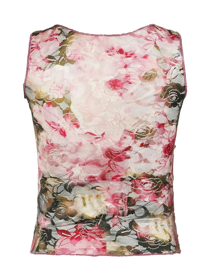 Sweetown - Camiseta sin mangas con estampado floral colorido y romántico francés de encaje, cuello en V, ajustada, elegante, sexy, estilo bohemio para vacaciones de verano para mujer