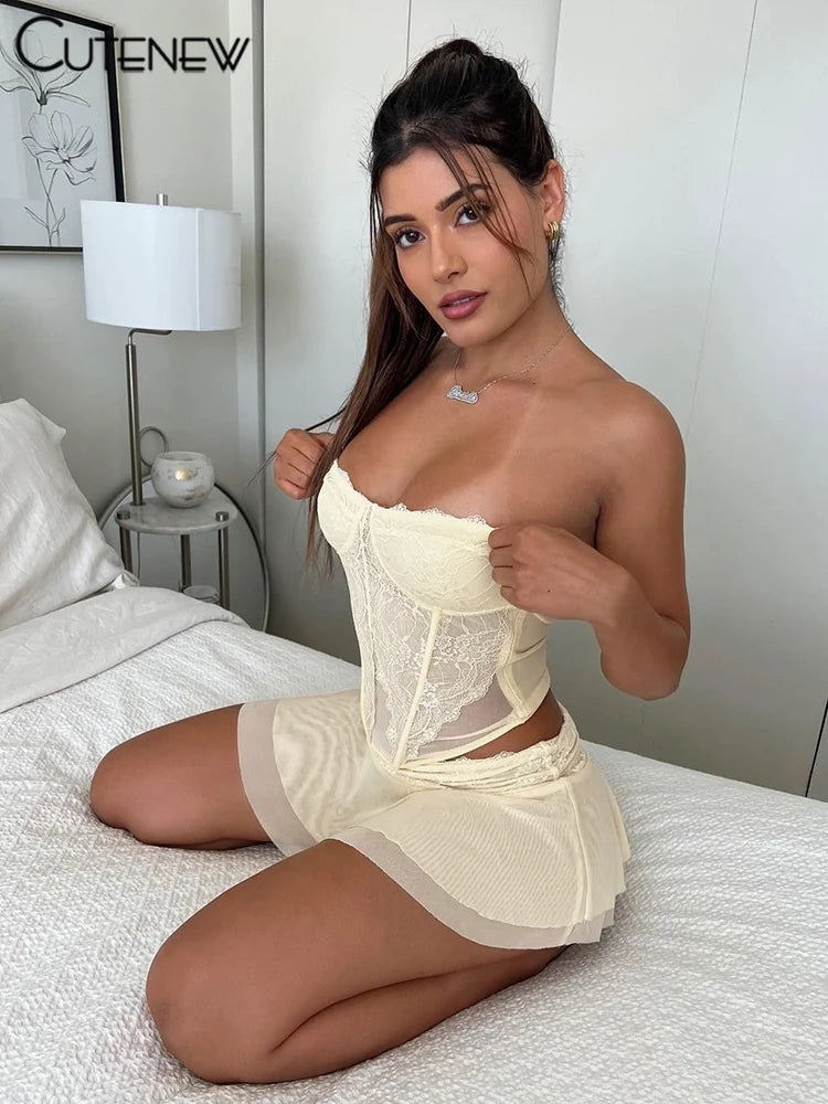 Women’s Elegant Sexy Lace See Through Two Piece Set Solid Patchwork Off-shoulder Ruched Top+ Slim Skirts Lady Dress Suit