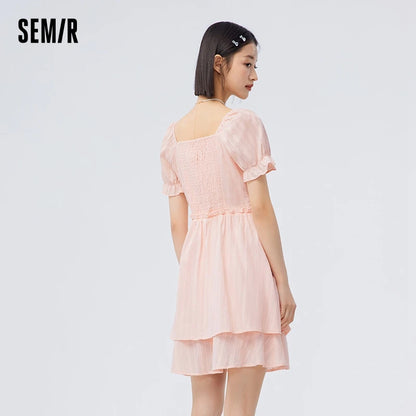 Vestido de mujer con diseño de orillo fibroso, nuevo vestido de verano retro de cuello cuadrado estilo palacio, vestido corto