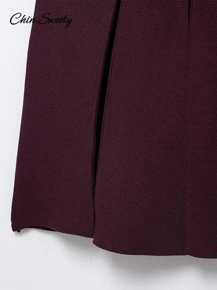 Knit Burgundy Red A-line Mini Dress Women O-neck Long Sleeves Pleat Party Dresses Female 2025 Spring New Pockets Button Vestidos