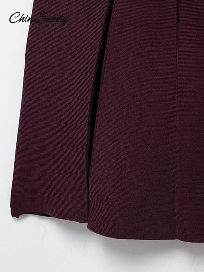 Knit Burgundy Red A-line Mini Dress Women O-neck Long Sleeves Pleat Party Dresses Female 2025 Spring New Pockets Button Vestidos