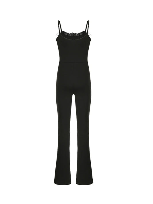Monos negros lisos sin mangas ajustados y sexis acampanados con ribete de encaje y lazo para mujer, monos bonitos y dulces estilo Y2K