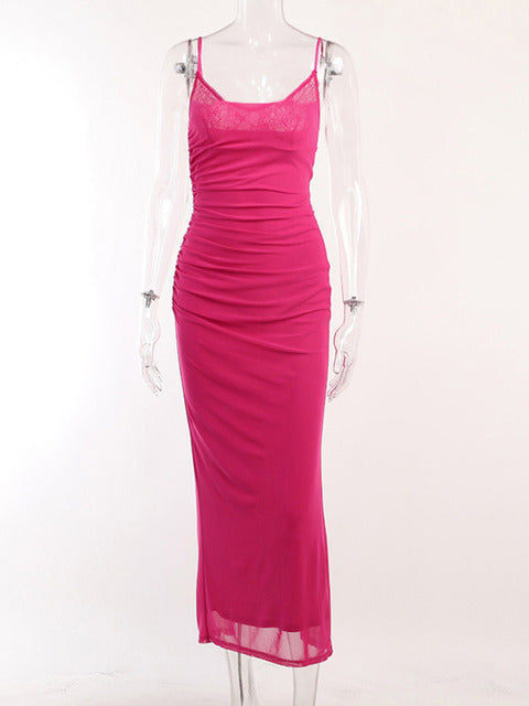 Lace Mesh Backless Sexy Maxi Dress For Women 2025 New Spaghetti Strap Sleeveless Bodycon Sexy Club Party Dress Elegant