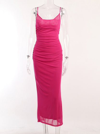 Lace Mesh Backless Sexy Maxi Dress For Women 2025 New Spaghetti Strap Sleeveless Bodycon Sexy Club Party Dress Elegant