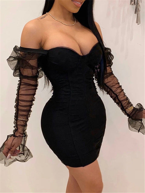 Vestido de fiesta sexy de malla con mangas abullonadas para mujer, cuello bajo, espalda descubierta, patchwork rojo, minivestido para discoteca, primavera 2020