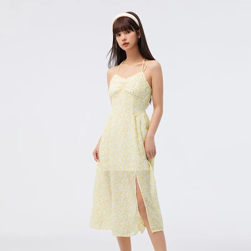 Vestido de mujer de gasa con tirantes altos y abertura, vestido de verano nuevo Sen Slim Fit con flores fragmentadas, suave