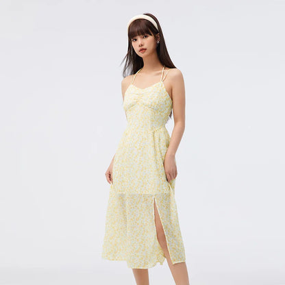 Vestido de mujer de gasa con tirantes altos y abertura, vestido de verano nuevo Sen Slim Fit con flores fragmentadas, suave