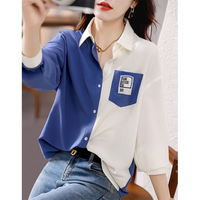 Blusas de mujer estilo primavera otoño, camisas casuales para dama, manga larga, cuello vuelto, patchwork, blusas estampadas, blusas, tops DF4852