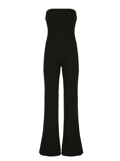 Monos largos elegantes sin tirantes, negros, lisos, para mujer, ajustados, de pierna ancha y acampanados, monos sencillos de moda para vacaciones.