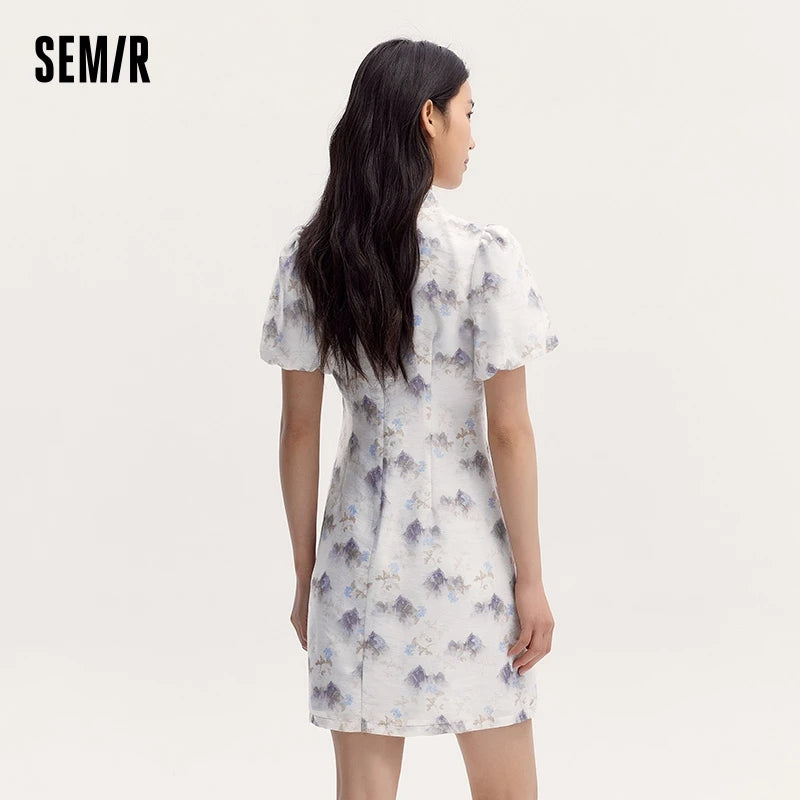 Dress Women Ink Painting Print Dress Bubble Sleeves Buttoned  Summer New Cheongsam Dress