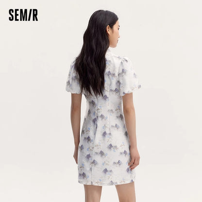Dress Women Ink Painting Print Dress Bubble Sleeves Buttoned  Summer New Cheongsam Dress