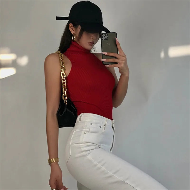 Chaleco de verano de cuello alto para mujer, sin mangas, de color sólido, de punto acanalado, ajustado, camisetas sin mangas Y2K, ropa básica para discoteca para mujer