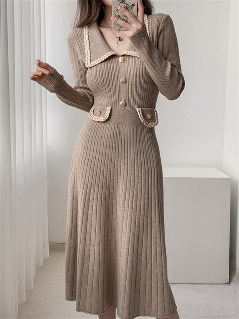Vestido largo elegante de lujo para mujer, de punto con bolsillos, acanalado, con retazos, de cintura alta, ajustado, para fiesta y otoño.