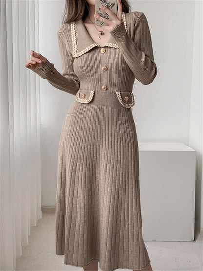Vestido largo elegante de lujo para mujer, de punto con bolsillos, acanalado, con retazos, de cintura alta, ajustado, para fiesta y otoño.