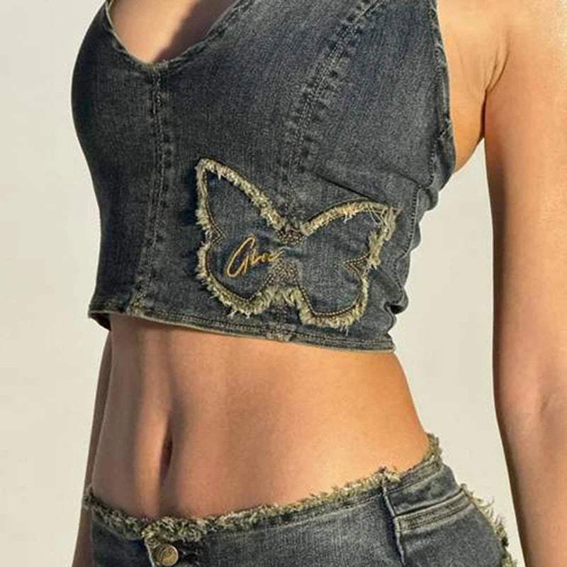 Embroidery Butterfly Women Halter Denim Tank Top Fashion Street Y2K Sleeveless Vest Backless Sexy Fitted Cropped Top