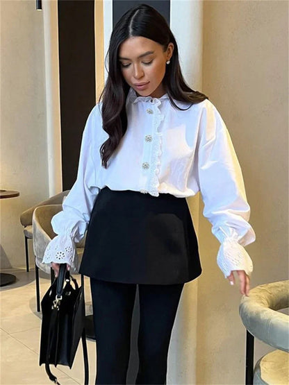 Blusas elegantes con volantes y purpurina para mujer, blusas informales de manga larga con retazos interiores y aberturas para el trabajo