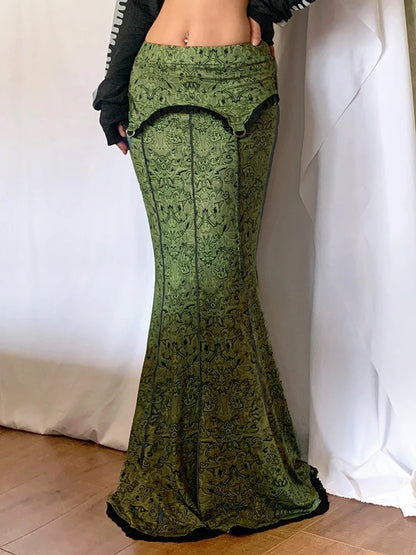 Faldas largas de vacaciones con estampado verde bosque, estilo sirena con ribete de encaje vintage para mujer