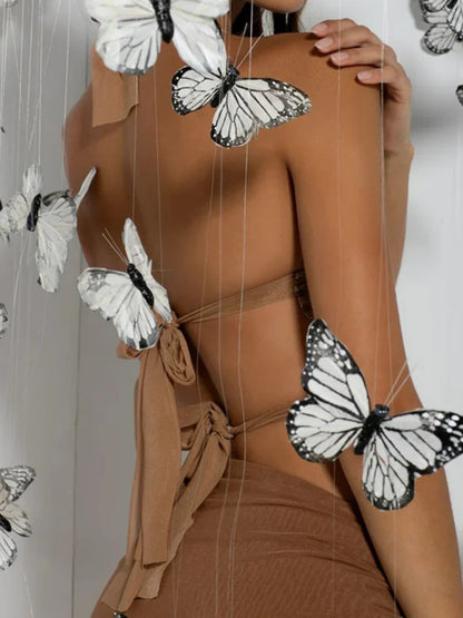 Tops de mariposa con cuello halter para mujer, conjuntos de verano con espalda descubierta y cuello montado, ropa dorada Y2k, ropa ajustada sin mangas, ropa de mujer