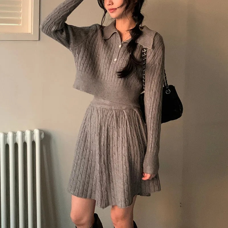 Conjunto de dos piezas de moda coreana para mujer, jersey con cuello vuelto, top corto, minifalda, traje informal liso, prendas de punto nuevas para otoño