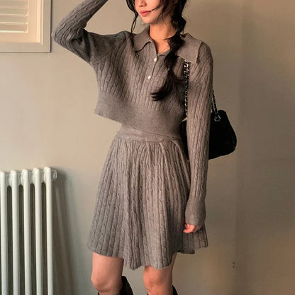 Conjunto de dos piezas de moda coreana para mujer, jersey con cuello vuelto, top corto, minifalda, traje informal liso, prendas de punto nuevas para otoño
