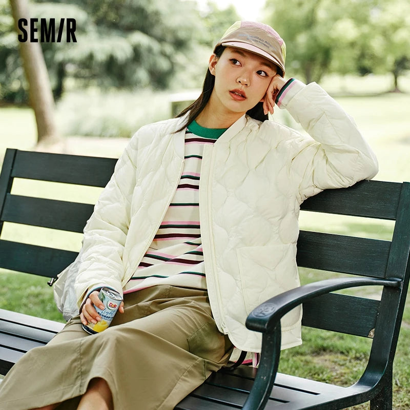 Chaqueta de plumas para mujer, color liso, tres capas, suelta, estilo informal, nueva, de invierno, con cuello de béisbol, ligera