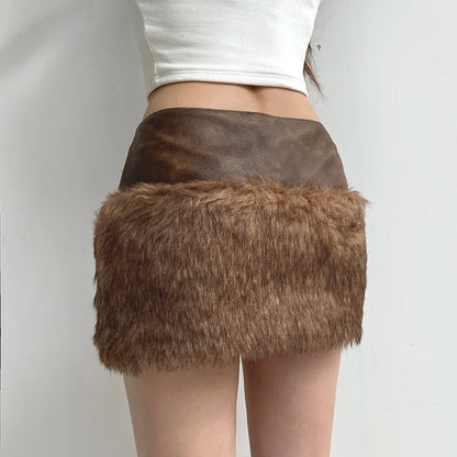 Wild Fashion Zipper Pu Patchwork Faux Fur Women¡¯s Skirts Chic Sexy Skinny Mini Leather Skirt Gyaru