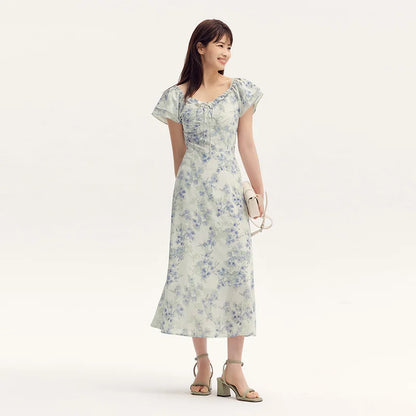 Dress Women Square Neckline Ruffled Trim And Short Flutter Sleeve  Summer New Fresh And Delicate Chiffon Floral Dress