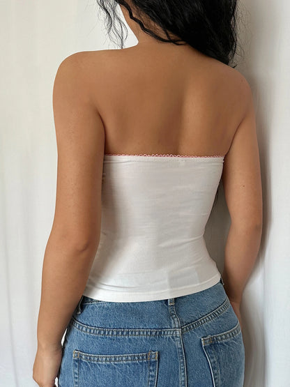 Top tubo blanco sin tirantes con encaje en contraste Y2K para mujer, bonito chaleco corto kawaii de los años 2000