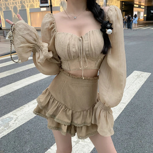 Blusa elegante Y2K para mujer, color sólido, cuello en V, encaje, retazos, manga larga, tops, ropa de calle Fairycore de los años 2000