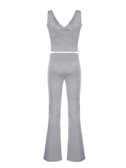 Gray Slim Sleeveless V Neck Vest And V Shape Waist Flared Leggings 2 Pieses Pants Sets Womens Summer Baddie Outfits