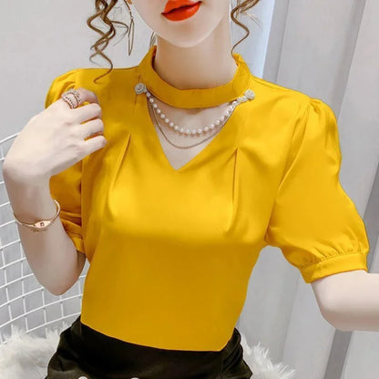 Blusas de verano para mujer, camisas, moda informal, abullonadas, de manga corta, con cuentas, cuello redondo, blusas lisas con perlas.