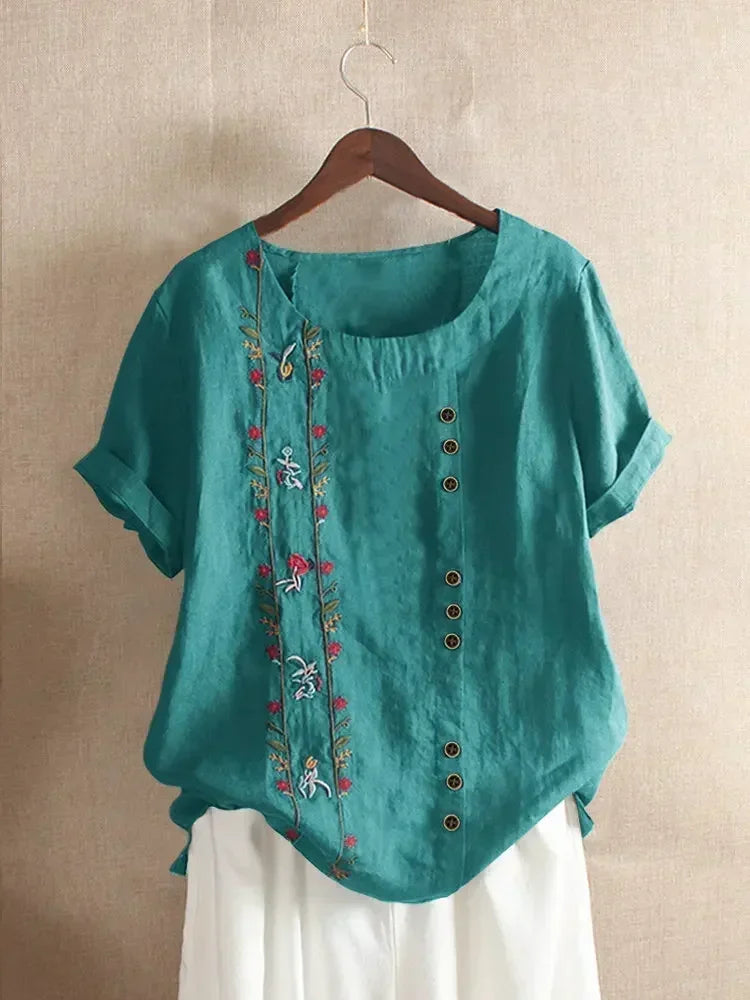 Camisa de lino y algodón con bordado de flores para mujer, blusa informal de verano con cuello redondo y manga corta, color blanco, elegante, estilo urbano