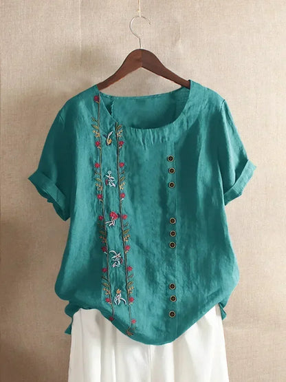 Camisa de lino y algodón con bordado de flores para mujer, blusa informal de verano con cuello redondo y manga corta, color blanco, elegante, estilo urbano