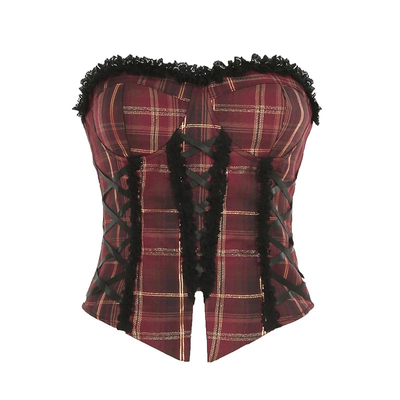 Blusas de tirantes para mujer con ribete de encaje a cuadros rojos navideños, ajustadas, de ambiente festivo, a la moda.