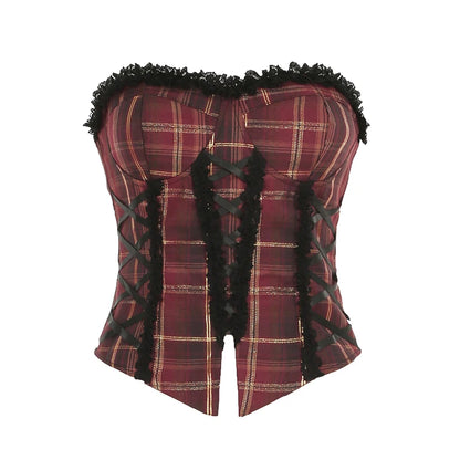 Blusas de tirantes para mujer con ribete de encaje a cuadros rojos navideños, ajustadas, de ambiente festivo, a la moda.