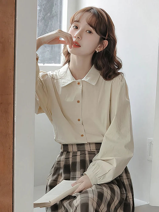 Camisa escolar vintage de manga larga abullonada para mujer, de algodón, juvenil, básica, informal, elegante, color blanco, talla grande.