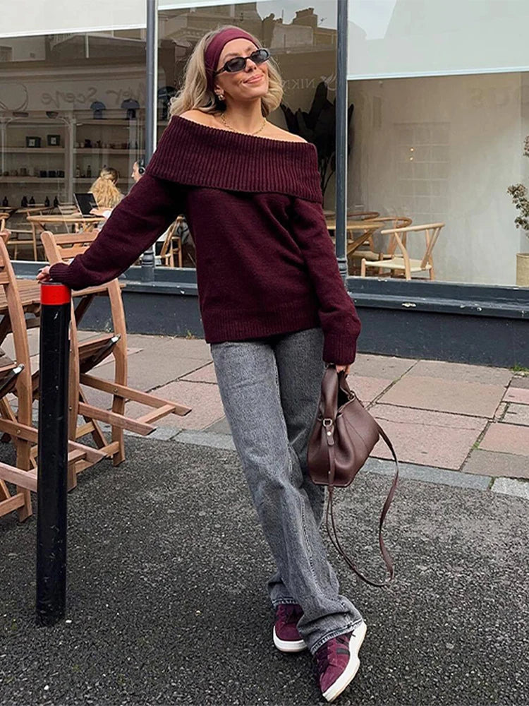 Elegant Knitted Off Shoulder Sweater Women Loose Solid Long Sleeve Pullover Sweaters Lady Spring Versatile Chic Street Knitwear